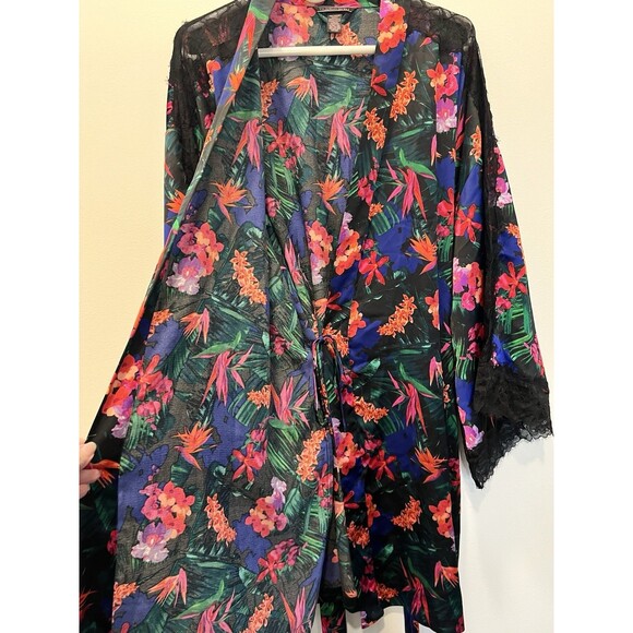 Victoria Secret Robe XL XXL Black Tropical Kimono Lace Trim Luxe Collection VS - Picture 8 of 10